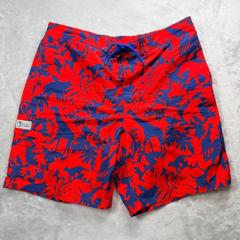Polo Ralph Lauren Mens XL Swim Trunks Red Blue Safari Animal Silhouette Tropical